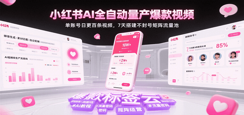 小红书AI全自动量产爆款视频，单账号日更百条视频，7天搭建不封号矩阵流量池（更新）- / , :云网创-创业知识付费平台